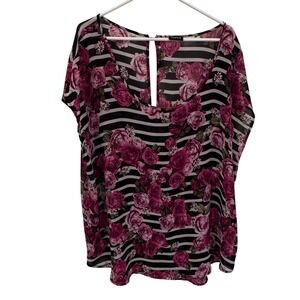 Torrid Womens Pink‎ Rose Floral Striped Chiffon Button Back Sheer Top XXL-XXXL